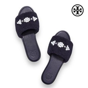 TORY BURCH Aspen Embellished Shearling Slides in Black Size 7.5 NWOT